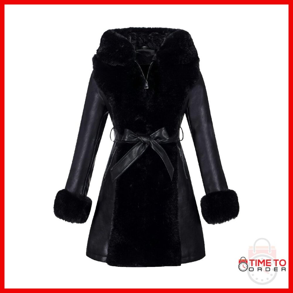Faux Leather Fur Lined Hooded Coat With Belt, Heavy Winter Overcoat
